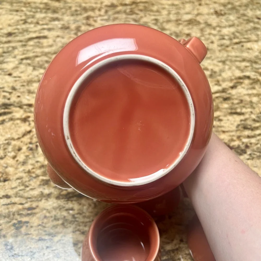 Vintage Terracotta Ceramic Teapot and 4 Mug Tea Set Glossy Coral‎ Rust
